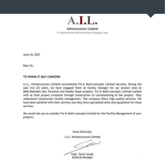 Recommendation letter from A.I.L. Infrastructures Limited for FixIt Multiconcepts