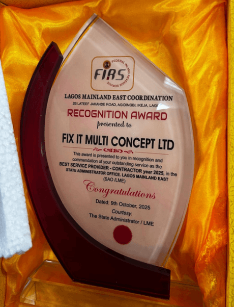 FIRS Best Service Provider Contractor Award 2025 presented to FixIt Multi Concept Ltd
