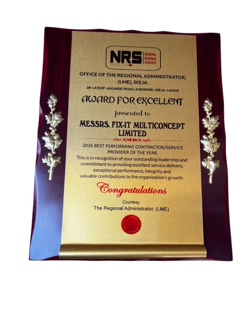 NRS Award for Excellent presented to Messrs. Fix-It Multiconcept Limited as 2026 Best Performing Contractor/Service Provider of the Year