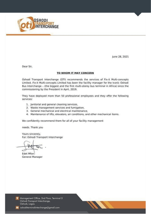 Recommendation letter from Oshodi Transport Interchange for FixIt Multiconcepts