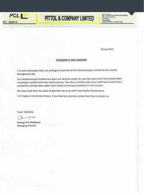 Recommendation letter from Pittol & Company Limited for FixIt Multiconcepts