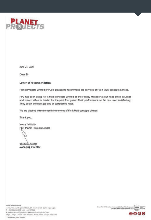 Recommendation letter from Planet Projects Limited for FixIt Multiconcepts