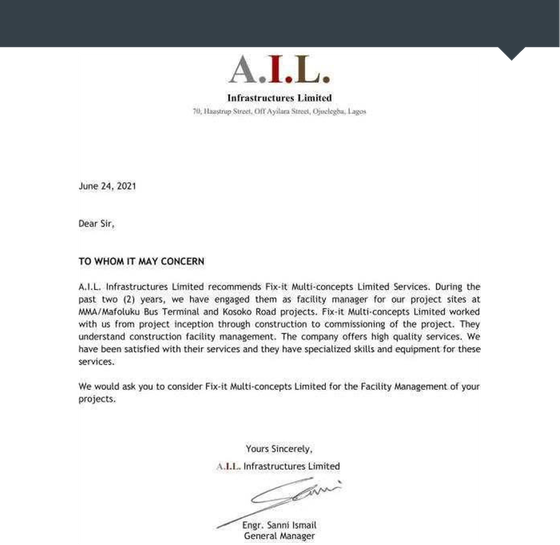 Recommendation letter from A.I.L. Infrastructures Limited for FixIt Multiconcepts
