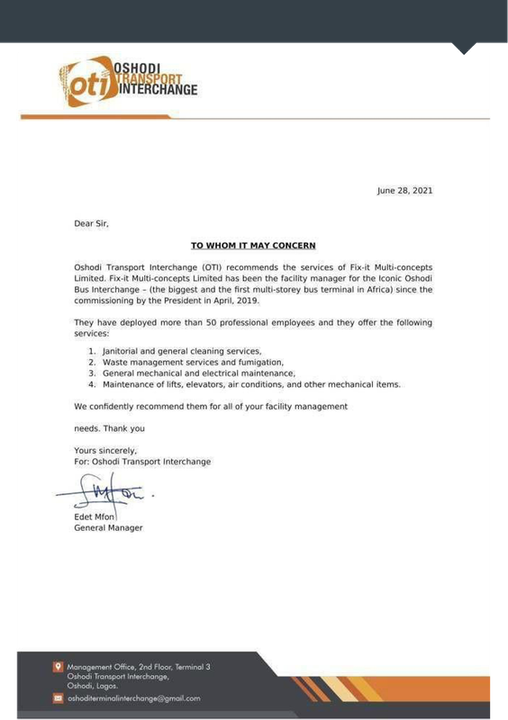 Recommendation letter from Oshodi Transport Interchange for FixIt Multiconcepts