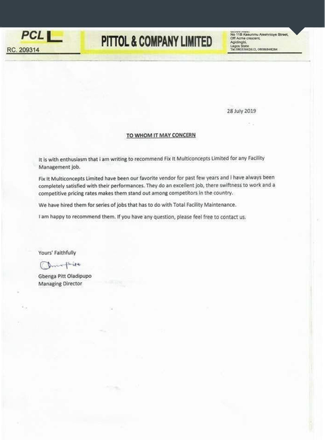 Recommendation letter from Pittol & Company Limited for FixIt Multiconcepts